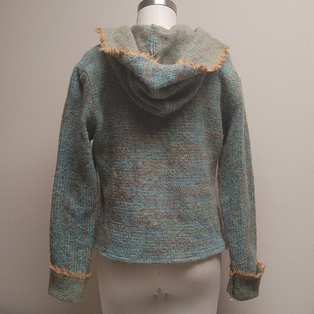 OOAK Handwoven Wool Hoodie Turquoise & Gold - Picture 6 of 17
